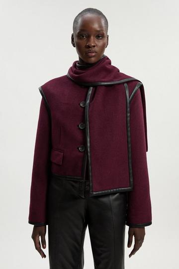 Brushed Wool Pu Mix Detachable Scarf Tailored Crop Coat burgundy
