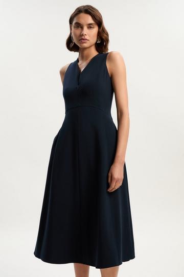 Navy Compact Essential Tailored Sleeveless Midi Dress