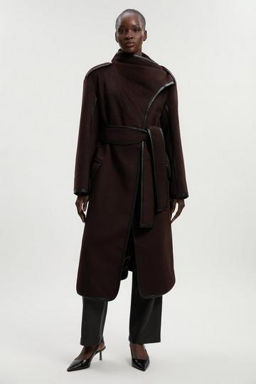 Petite Brushed Wool Pu Mix Scarf Neck Belted Tailored Maxi Coat chocolate