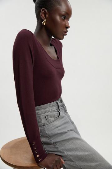 Burgundy Red Viscose Blend Long Sleeve Scoop Neck Knitted Top