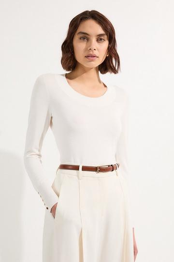 Viscose Blend Long Sleeve Scoop Neck Knitted Top ivory