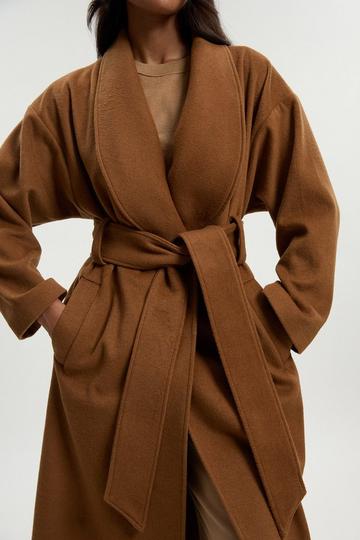 Brushed Wool Belted Wrap Tailored Maxi Coat camel