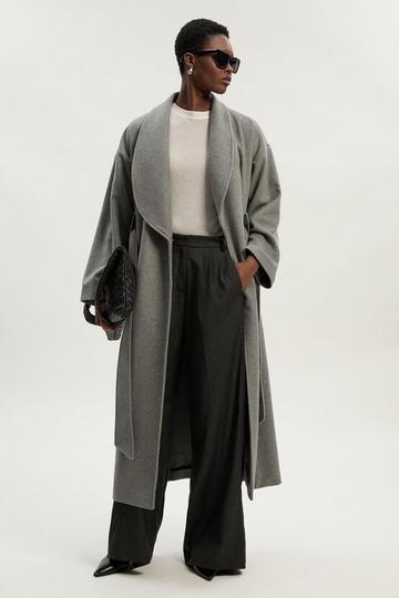 Grey Brushed Wool Belted Wrap Tailored Maxi Coat