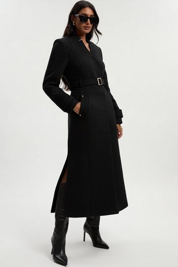Black Wool Investment Notch Neck Belted Detail Tailored Maxi Coat