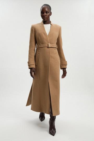 Wool Investment Notch Neck Belted Detail Tailored Maxi Coat camel