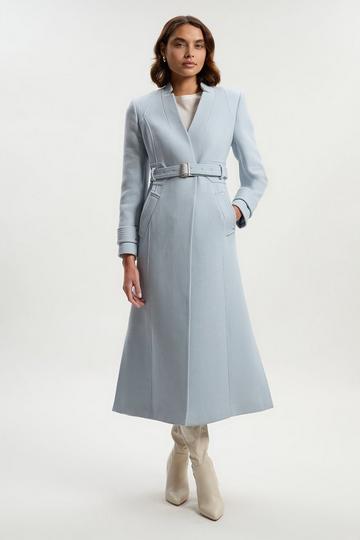 Blue Wool Investment Notch Neck Belted Detail Tailored Maxi Coat