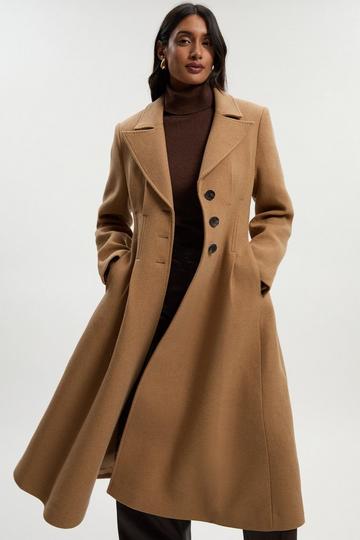Wool Corset Detail Full Skirted Tailored Maxi Coat camel