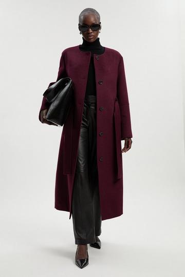 Brushed Wool Single Breasted Belted Tailored Maxi Coat burgundy