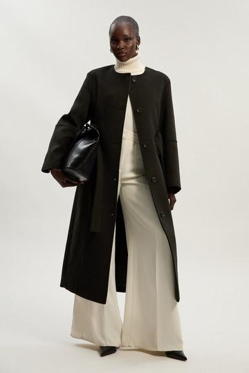 Brushed Wool Single Breasted Belted Tailored Maxi Coat charcoal