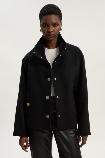 Brushed Wool Funnel Neck Tailored Short Coat black