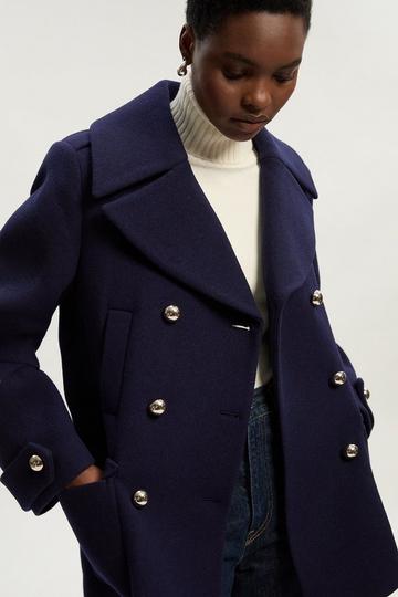 Navy Wool Patch Pocket Tailored Short Coat