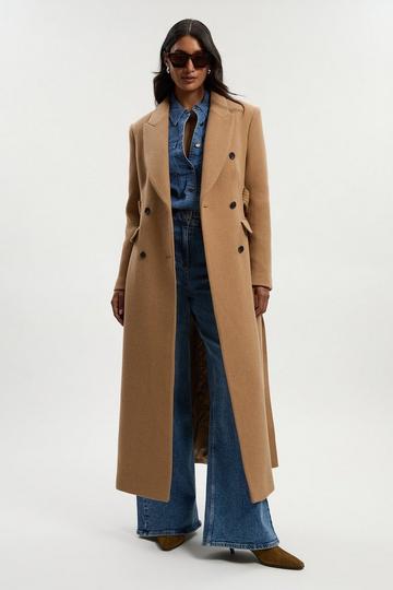 Wool Double Breasted Belted Tailored Maxi Coat camel