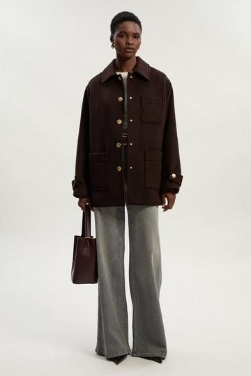 Brushed Wool Patch Pocket Tailored Medium Coat chocolate