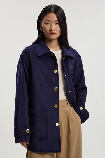 Navy Brushed Wool Patch Pocket Tailored Medium Coat