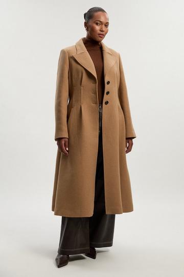 Plus Size Wool Corset Detail Full Skirted Tailored Maxi Coat camel