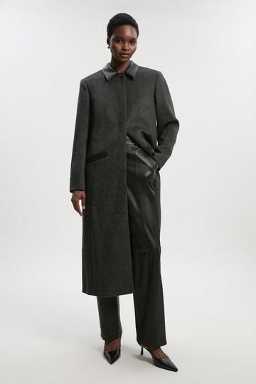 Grey Brushed Wool Check Pu Mix Tailored Midi Coat