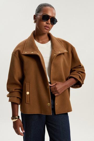 Plus Size Brushed Wool Funnel Neck Tailored Short Coat camel