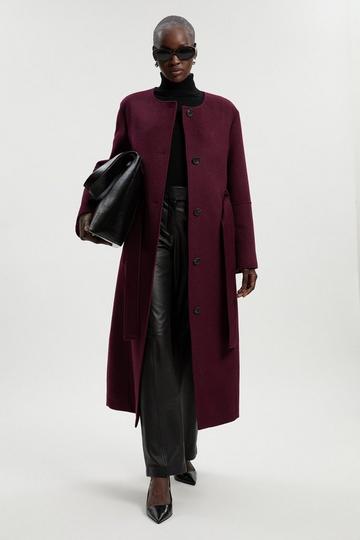 Tall Brushed Wool Single Breasted Belted Tailored Maxi Coat burgundy