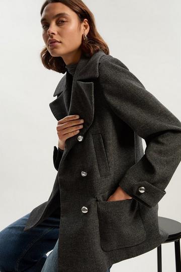 Brushed Wool Check Pocket Tailored Short Coat grey