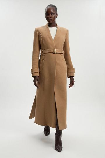 Petite Wool Investment Notch Neck Belted Detail Tailored Maxi Coat camel