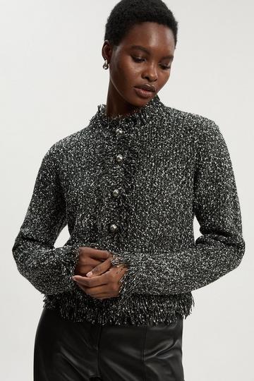 Tweed Yarn Fringe Detail Knitted Cardi black