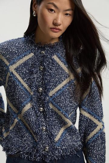 Tweed Yarn Fringe Detail Knitted Cardi blue
