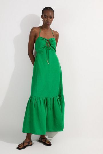 Green Tall Viscose Linen Woven Maxi Beach Dress