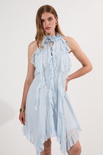 Viscose Georgette Ruffle Halter Neck Woven Top Mini Dress blue