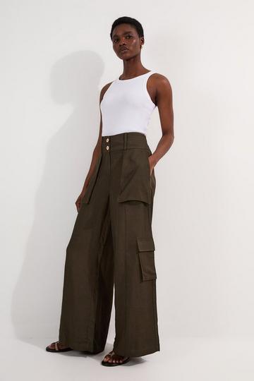 Premium Linen Twill Top Stitch Woven Pants khaki