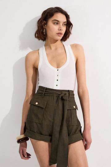 Linen Twill Top Stitch Belted Woven Short khaki