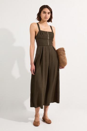 Petite Linen Twill Top Stitch Strappy Woven Zip Front Midi Dress khaki