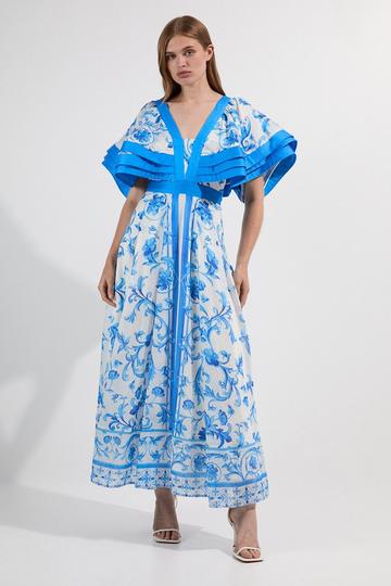Petite Organdie Ruffle Sleeve Plunge Neck Floral Print Woven Maxi Dress blue