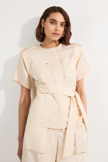 Linen Twill Top Stitch Belted Top With Gold Studs ivory