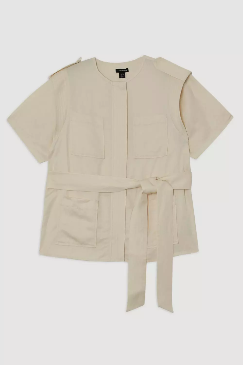 【KAREN MILLEN】リネンツイルトップステッチベルト付きトップス Linen Twill Top Stitch Belted Top With Gold Studs | Karen Millen