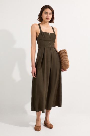 Linen Twill Top Stitch Strappy Woven Zip Front Midi Dress khaki