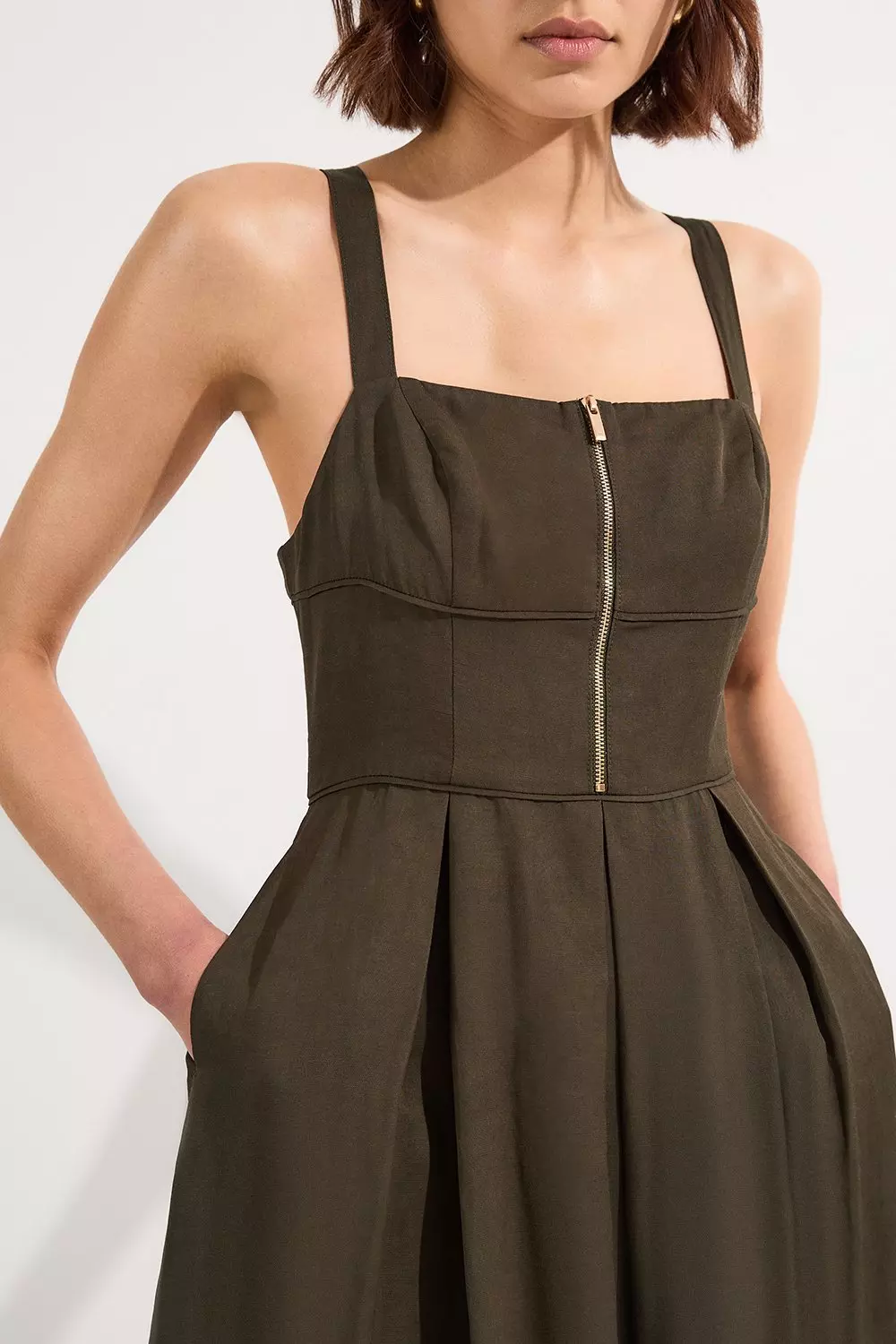 関送込【KAREN MILLEN】ビスコースリネントップステッチドレス Premium Linen Twill Top Stitch Strappy Woven Zip Front Midi