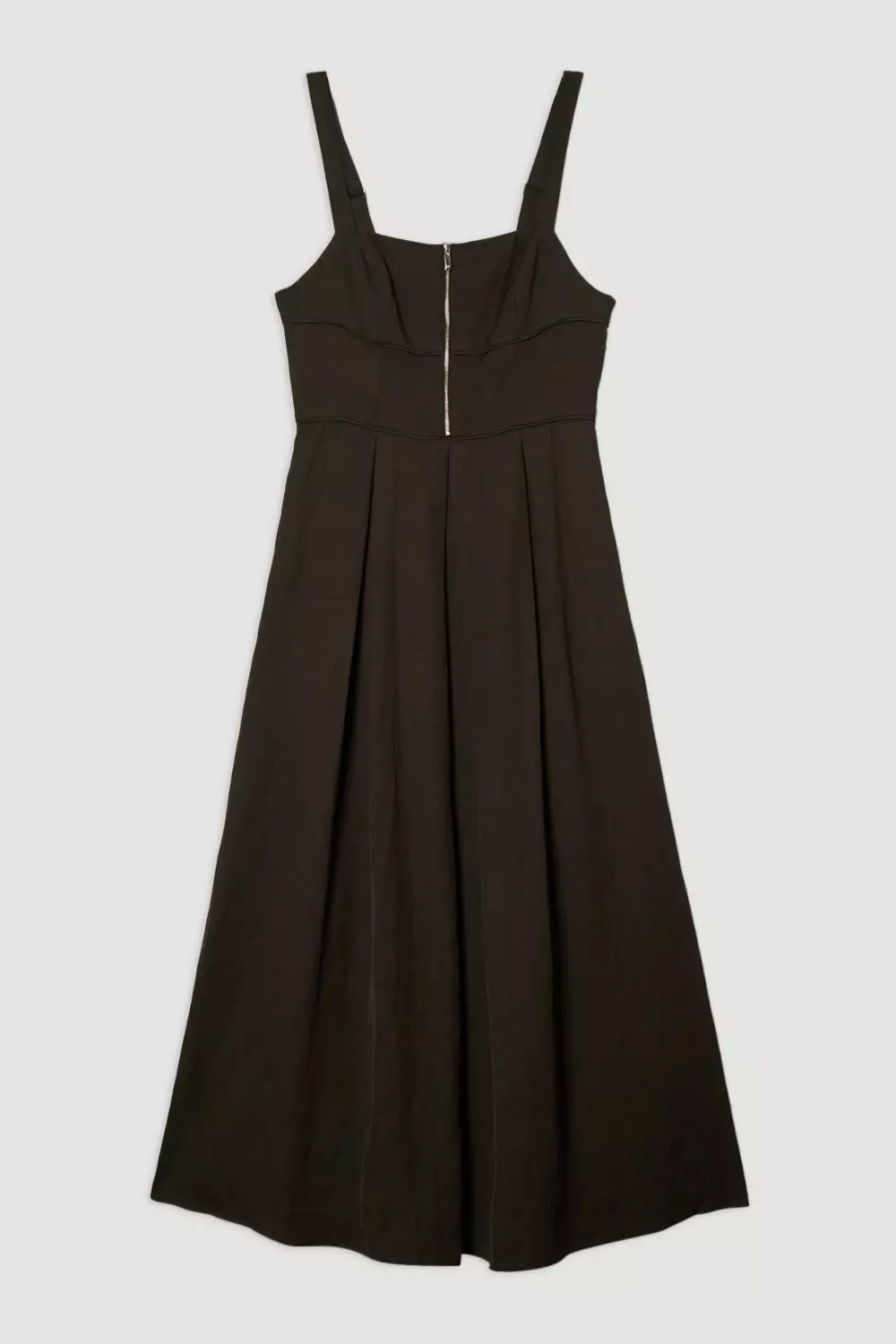 Premium Linen Twill Top Stitch Strappy Woven Zip Front Midi