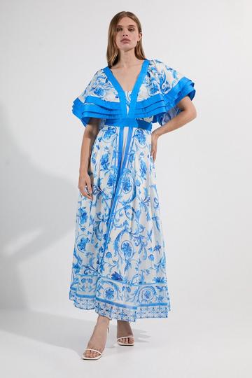 Organdie Ruffle Sleeve Plunge Neck Floral Print Woven Maxi Dress blue