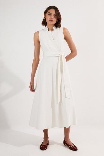 Petite Denim Tailored Notch Neck Belted Fluid Midi Dress ivory
