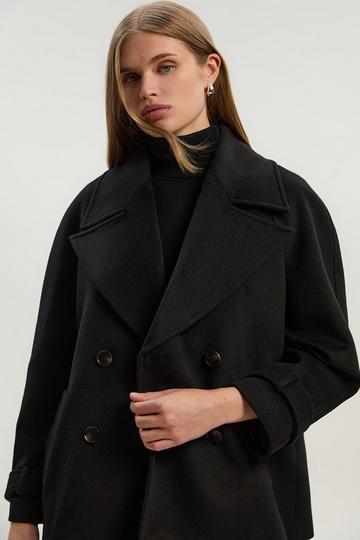 Black Tailored Brushed Wool Double Breasted Short Pea Coat