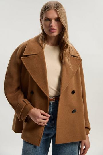 Tailored Brushed Wool Double Breasted Short Pea Coat camel