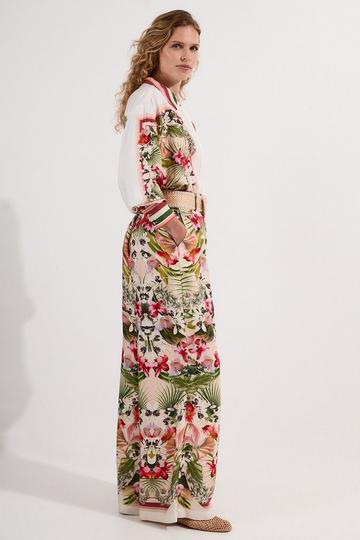 Petite Mirrored Viscose Linen Floral Print With Raffia Belt Woven Pants multi