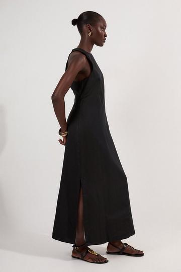 Black Viscose Linen Halter Open Back Woven Column Dress