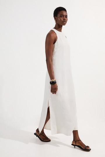 White Viscose Linen Halter Open Back Woven Column Dress