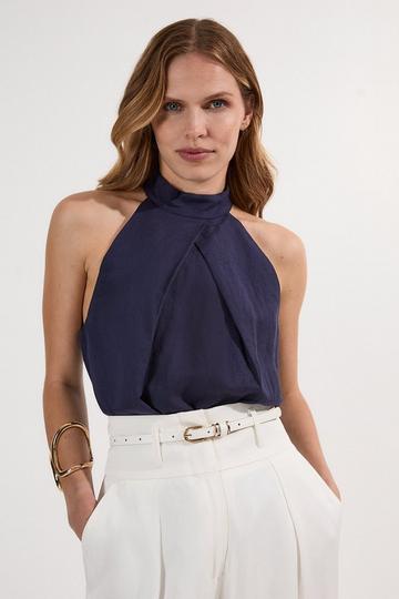 Navy Viscose Linen Cross Front Halter Neck Woven Top