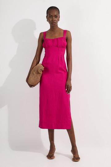 Pink Viscose Linen Ruched Detail Strappy Woven Midi Dress