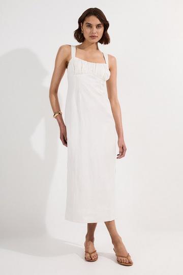 Viscose Linen Ruched Detail Strappy Woven Midi Dress white