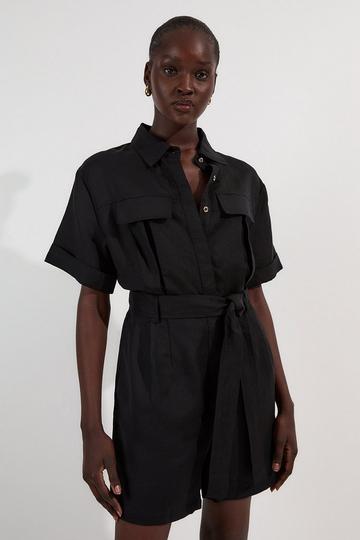 Black Viscose Linen Woven Belted Romper