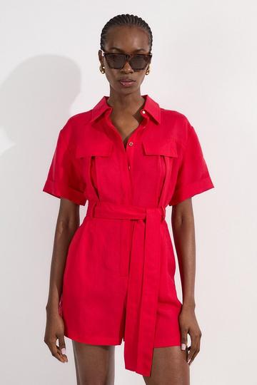 Red Viscose Linen Woven Belted Playsuit
