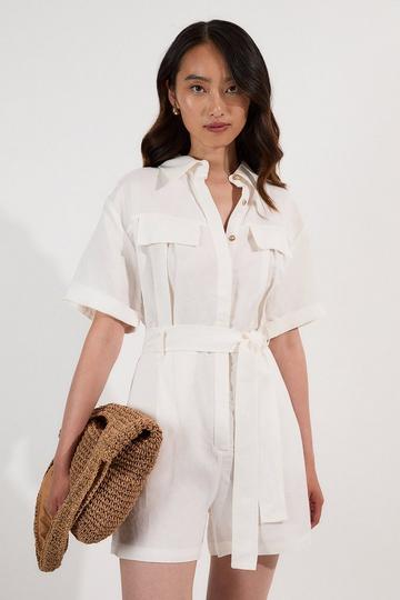 Viscose Linen Woven Belted Playsuit white